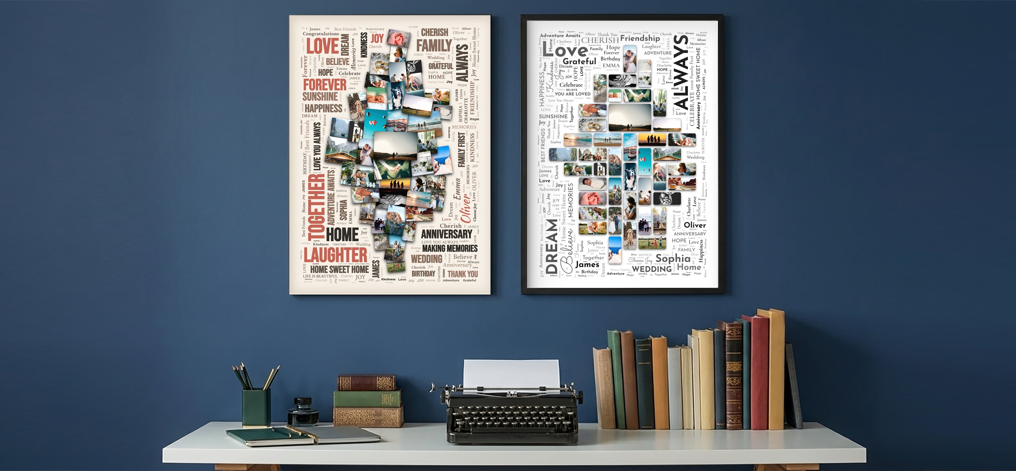 Two framed Word Art Collages on a wall above a writing desk