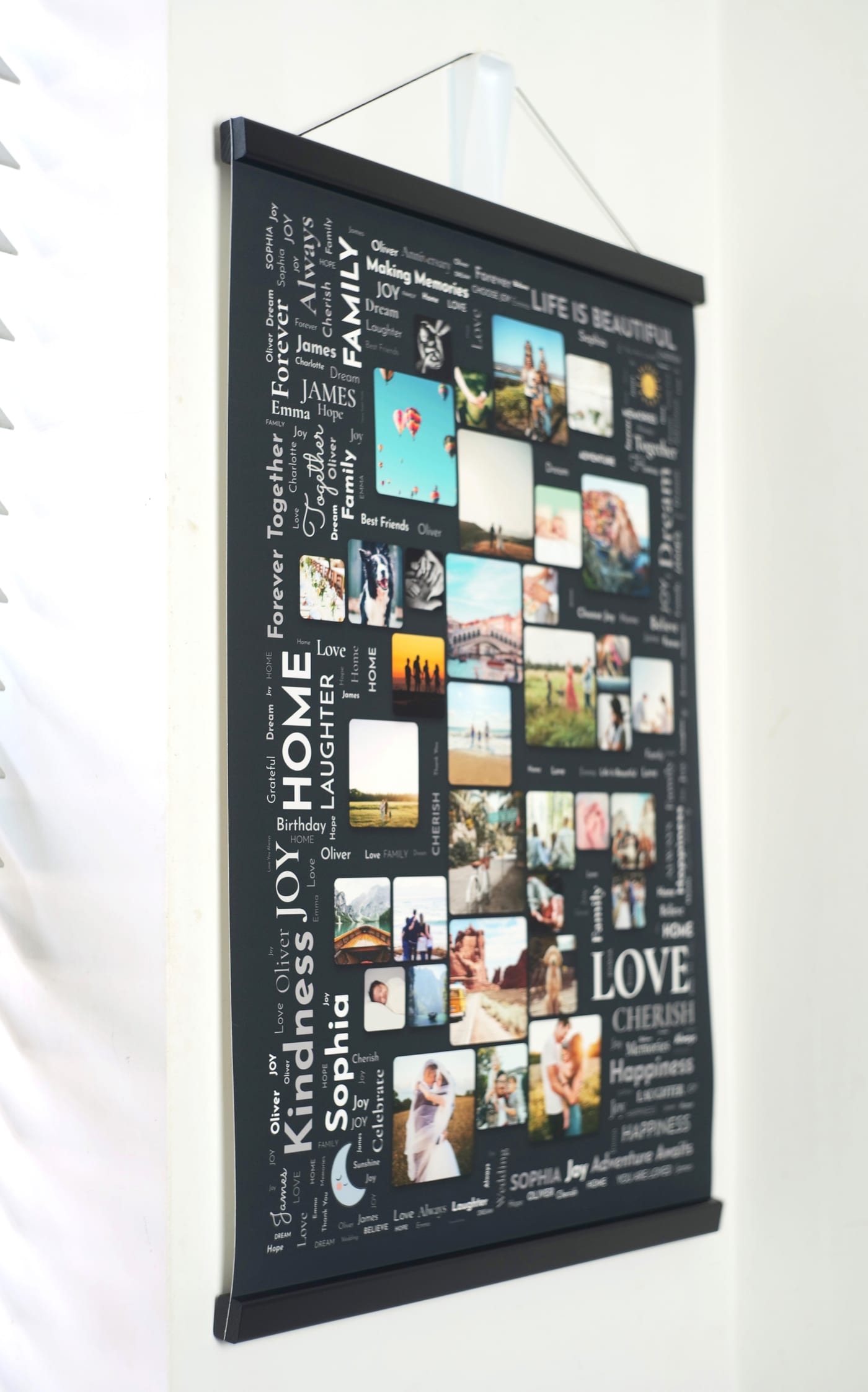 A2 Poster Hanger Word Art Collage hanging on a wall